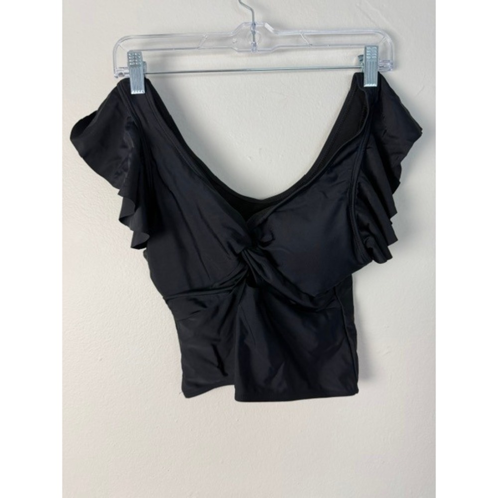 Womens Black Ruffle Sleeve Twist Front Tankini Swim Top V-Neck Small